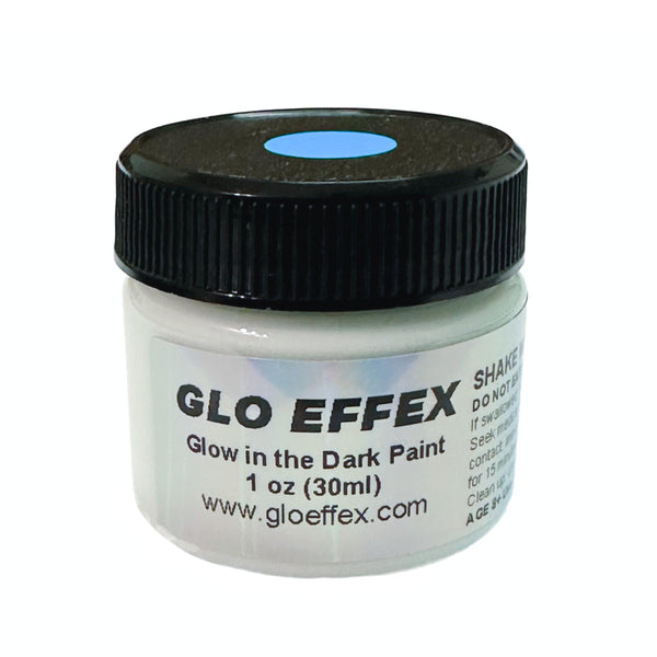 Glo Effex glow in the dark paint container with black lid on a white background
