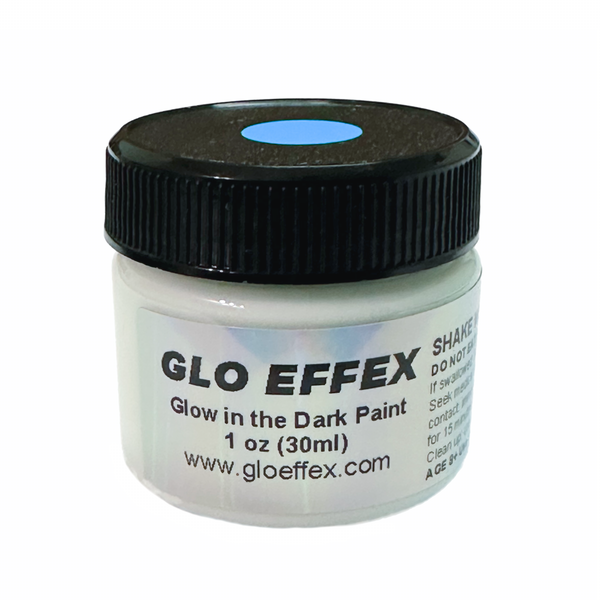 Glo Effex glow in the dark paint container with black lid on a white background