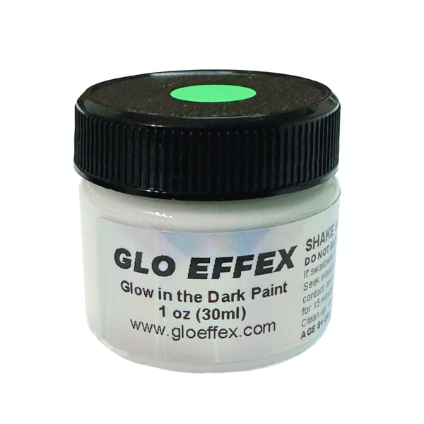 One ounce jar of GLO Effex green phosphorescent glow-in-the-dark acrylic paint with a black lid.