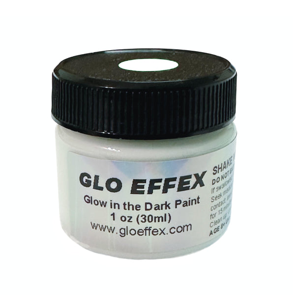 Glo Effex glow in the dark paint container with black lid on a white background