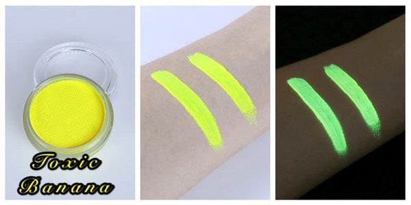 Toxic Banana neon yellow UV face and body paint in a jar, shown as skin swatches in daylight and glowing under blacklight.
