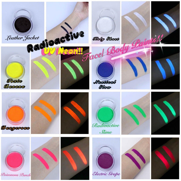 Collage of UV neon face and body paint pots with vibrant color swatches shown in daylight and glowing under blacklight.