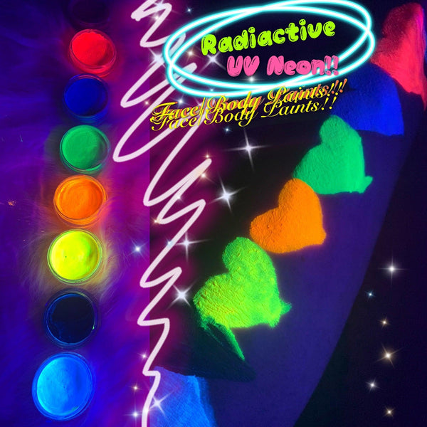 Eight vibrant neon UV face and body paint pots with glowing heart-shaped swatches under blacklight.
