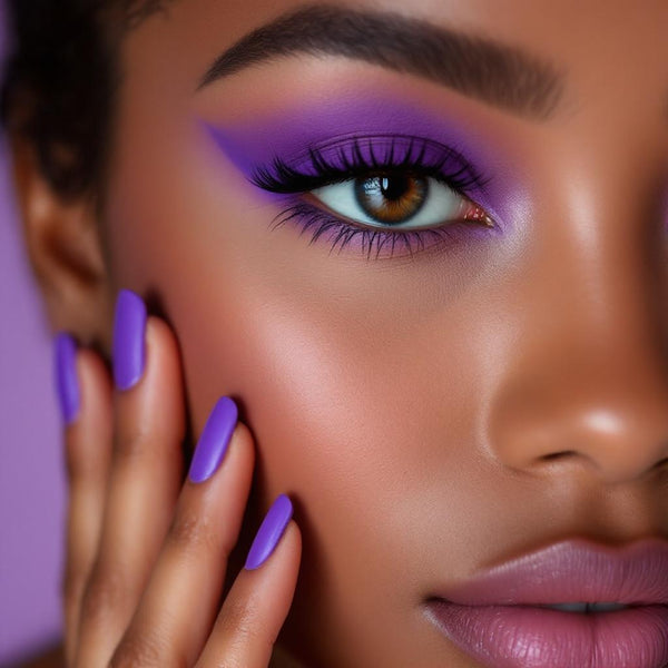 Model with bold purple UV paint liner, matching purple nails, and vibrant matte eyeshadow look.
