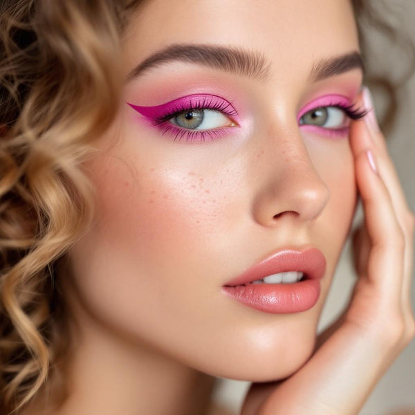 Model wearing vibrant pink UV vegan paint liner with a sharp, bold winged cat-eye look.