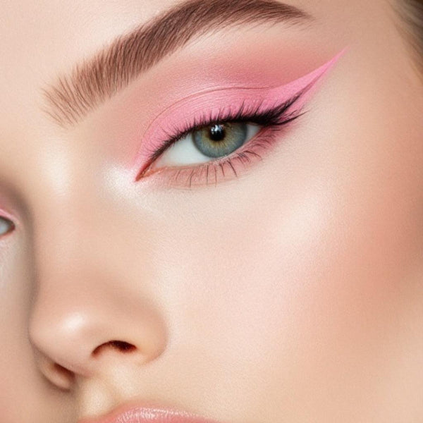 Close-up of a vibrant pink winged eyeliner look created with Ashunta Sheriff Beauty UV Vegan Paint Liner.