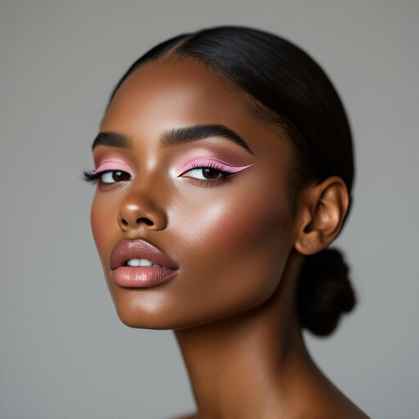Model with glowing skin wearing a vibrant, sharp pink UV vegan paint liner wing on her eyelids.