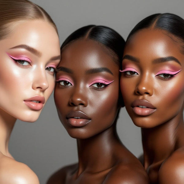 Three models with diverse skin tones wearing vibrant, winged pink UV vegan paint eyeliner.