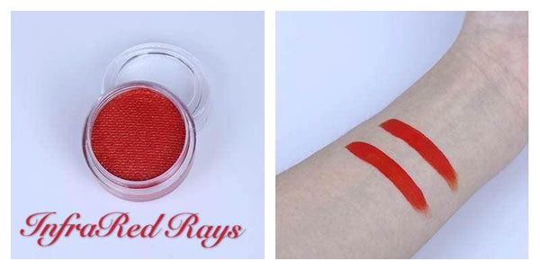 Infrared Rays red face and body paint in a small jar with two vibrant red swatches applied to skin.