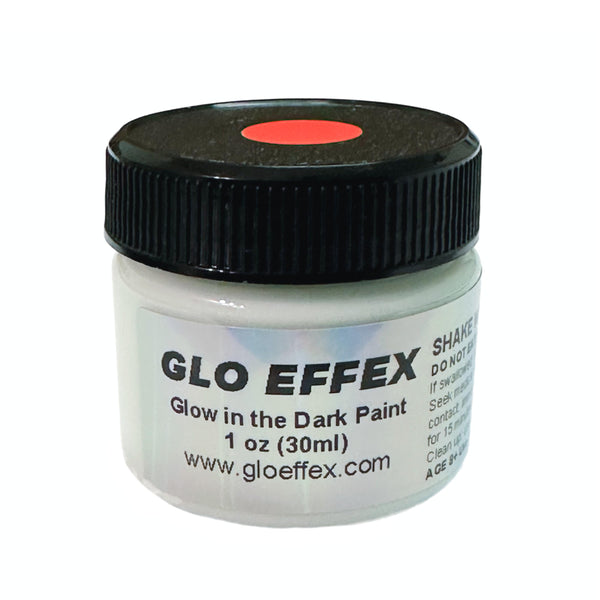 1 oz jar of GLO Effex red phosphorescent glow-in-the-dark acrylic paint with a black lid and white label.