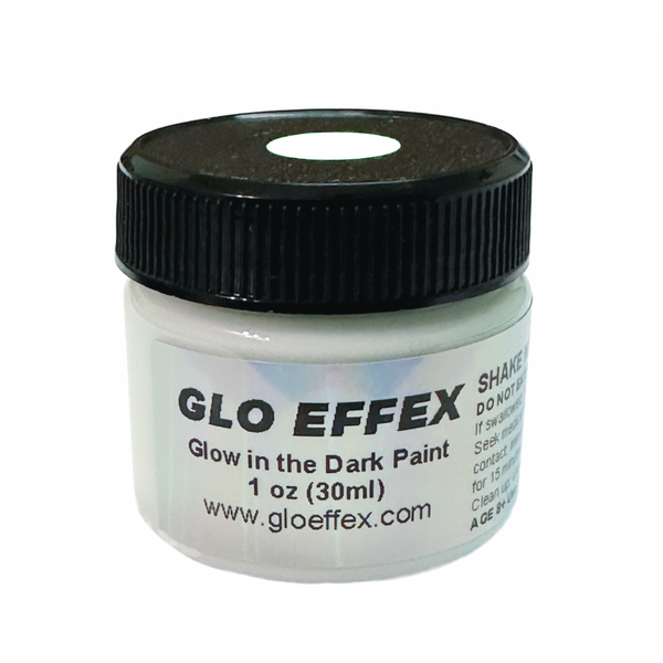Glo Effex glow in the dark paint container with black lid on a white background