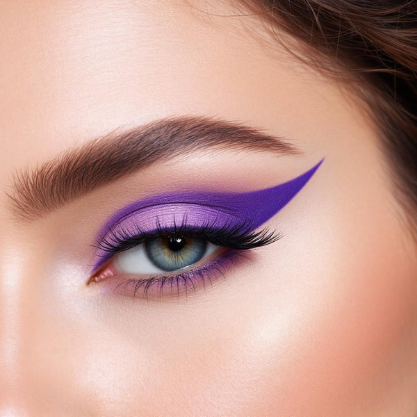 Close-up of a vibrant purple winged eyeliner look created with Ashunta Sheriff UV vegan paint liner.