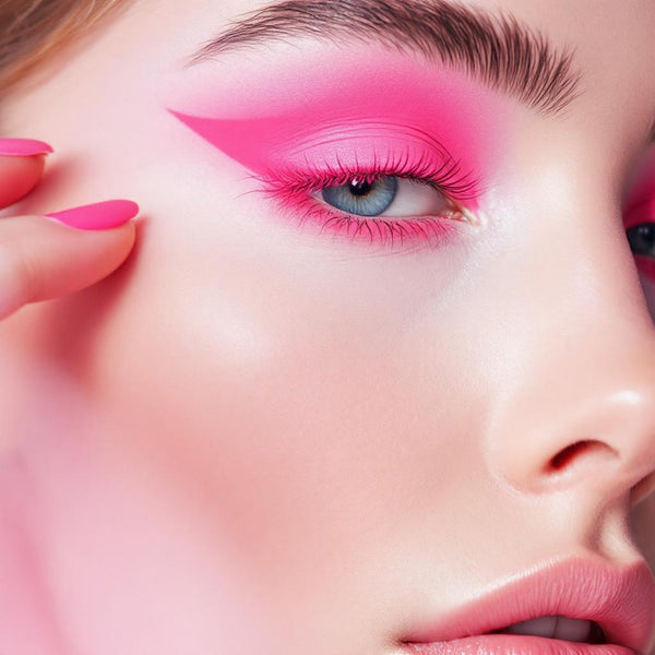 Close-up of vibrant hot pink UV vegan paint liner applied in a bold, sharp winged graphic style on the eyelid.