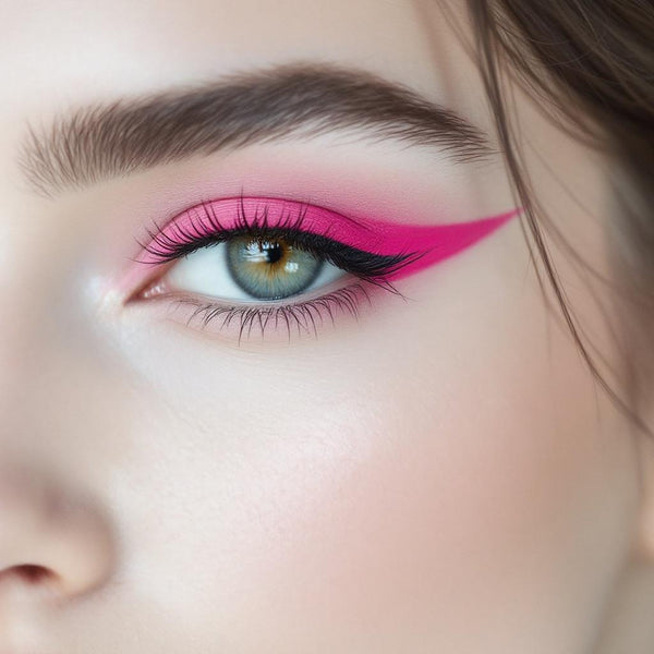 Close-up of an eye with bold, vibrant pink UV vegan paint liner in a sharp, winged graphic style.
