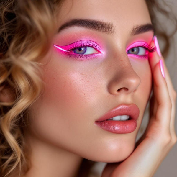 Model wearing vibrant neon pink UV vegan paint liner with a sharp, graphic winged eye look.