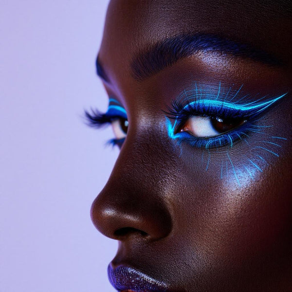 Model with dark skin wearing glowing neon blue UV vegan paint liner in a precise, artistic winged eye makeup look.