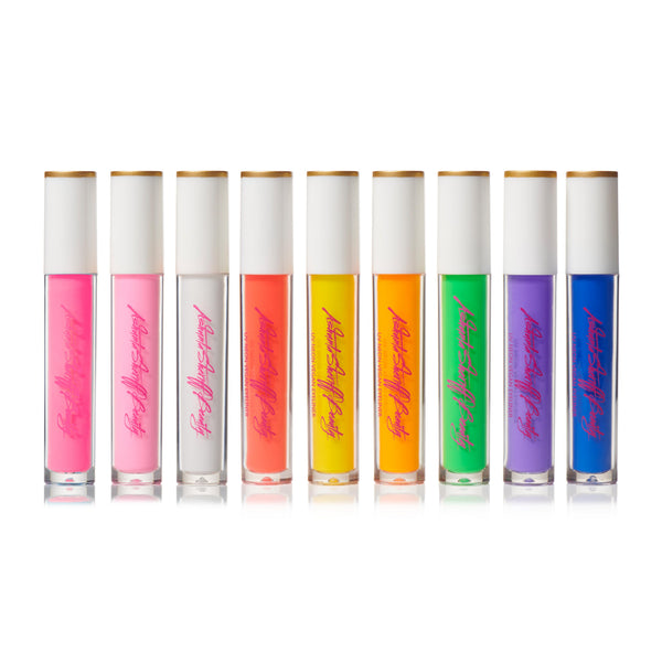 Nine vibrant Ashunta Sheriff Beauty UV vegan paint liners in a rainbow of bold, waterproof liquid shades.